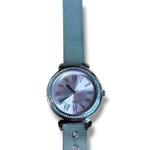 Pink Face Rhinestone Bezel Watch Silver Tone Mesh Band Working Watch